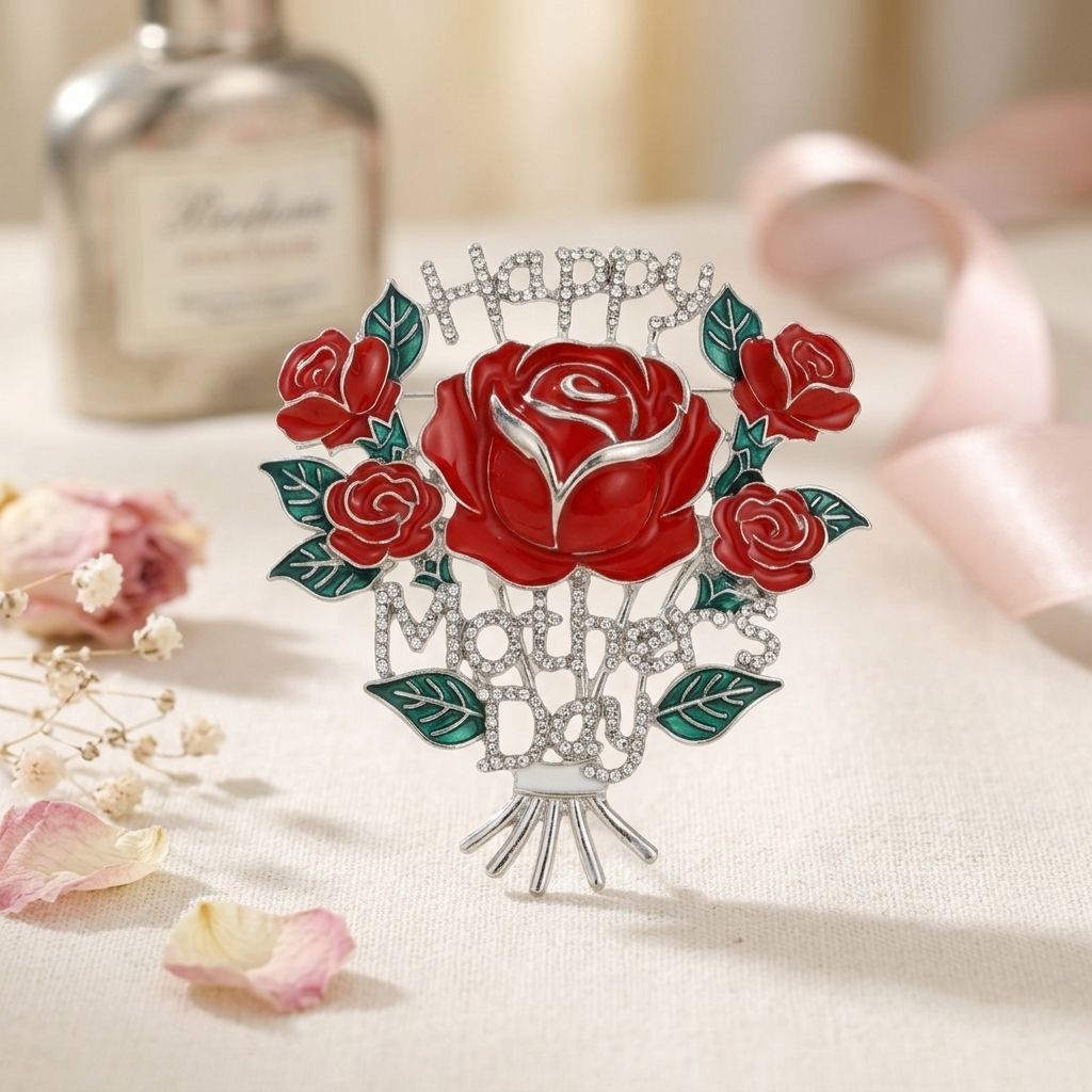 Brooch Silver Mother's Day Red Rose Bouquet Pin