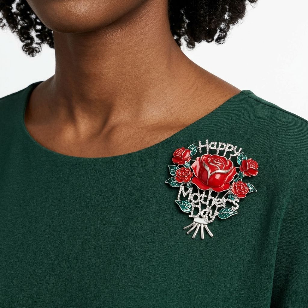 Brooch Silver Mother's Day Red Rose Bouquet Pin