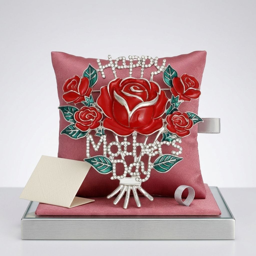 Brooch Silver Mother's Day Red Rose Bouquet Pin