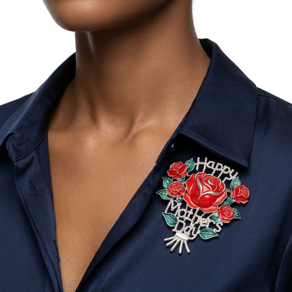 Brooch Silver Mother's Day Red Rose Bouquet Pin