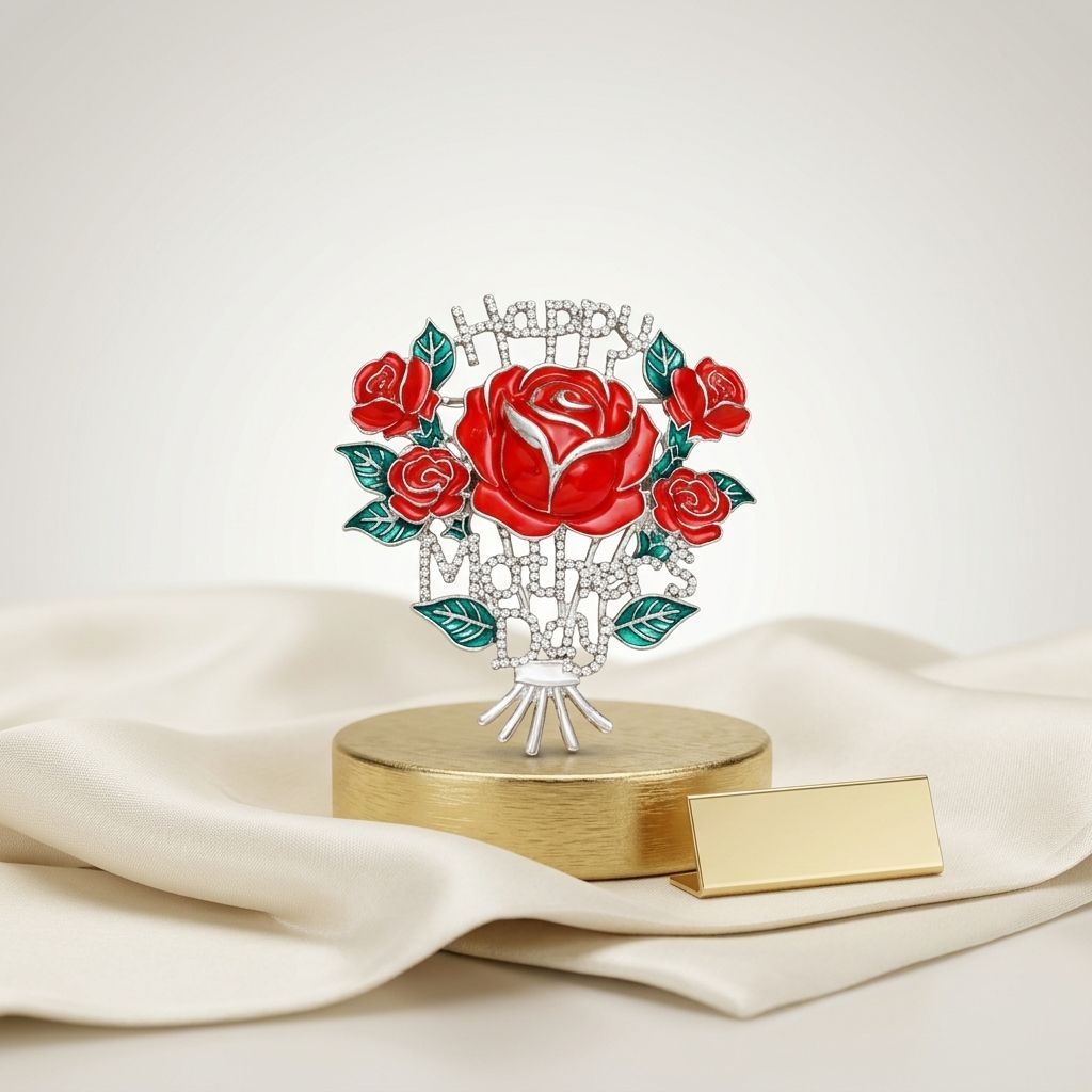 Brooch Silver Mother's Day Red Rose Bouquet Pin