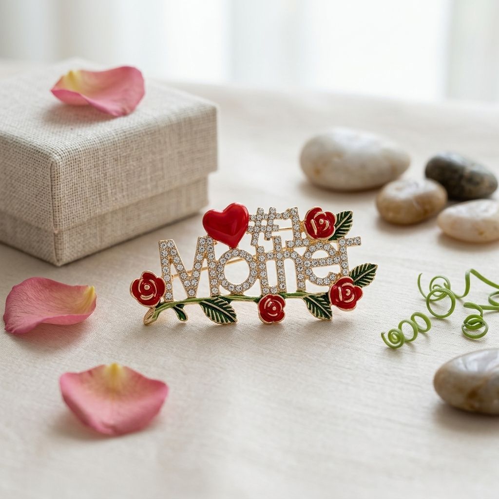 Brooch Gold #1 Mother Rhinestone Red Rose Pin