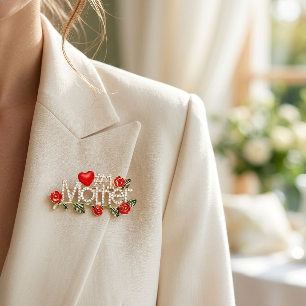 Brooch Gold #1 Mother Rhinestone Red Rose Pin