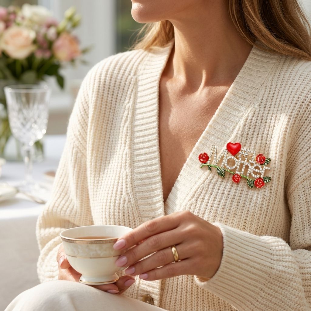 Brooch Gold #1 Mother Rhinestone Red Rose Pin