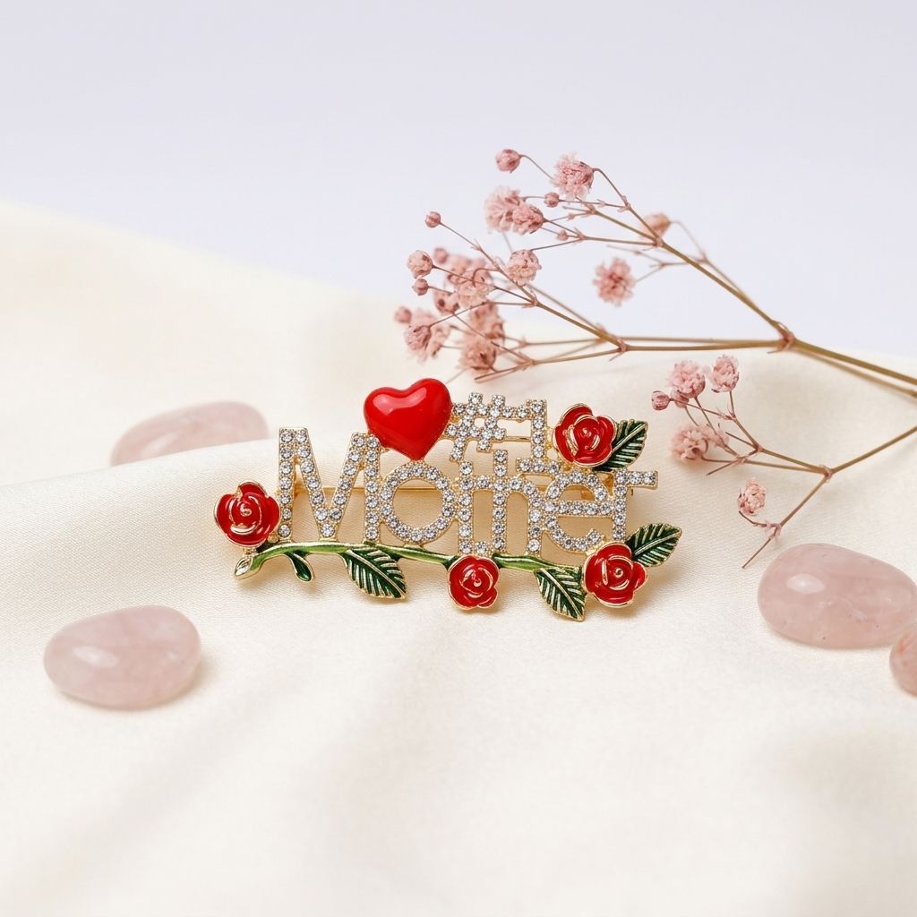 Brooch Gold #1 Mother Rhinestone Red Rose Pin