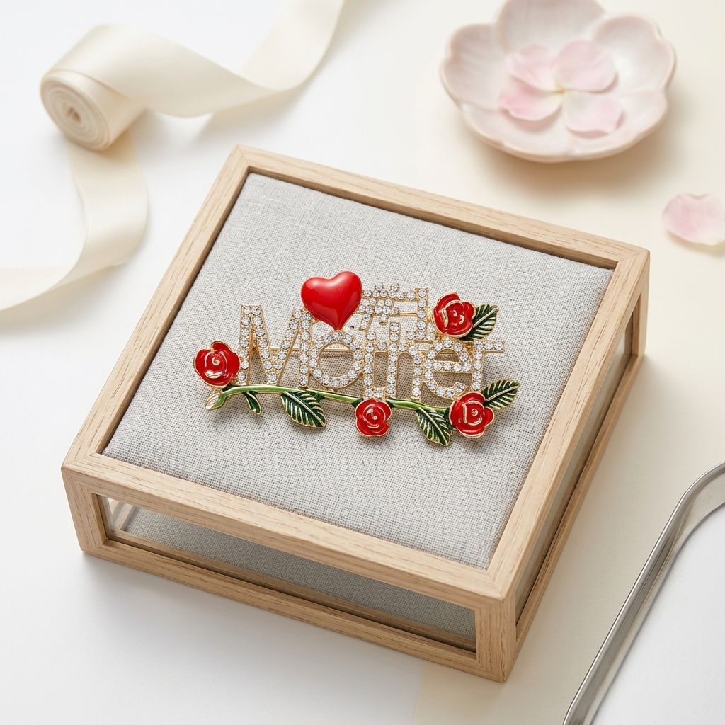 Brooch Gold #1 Mother Rhinestone Red Rose Pin