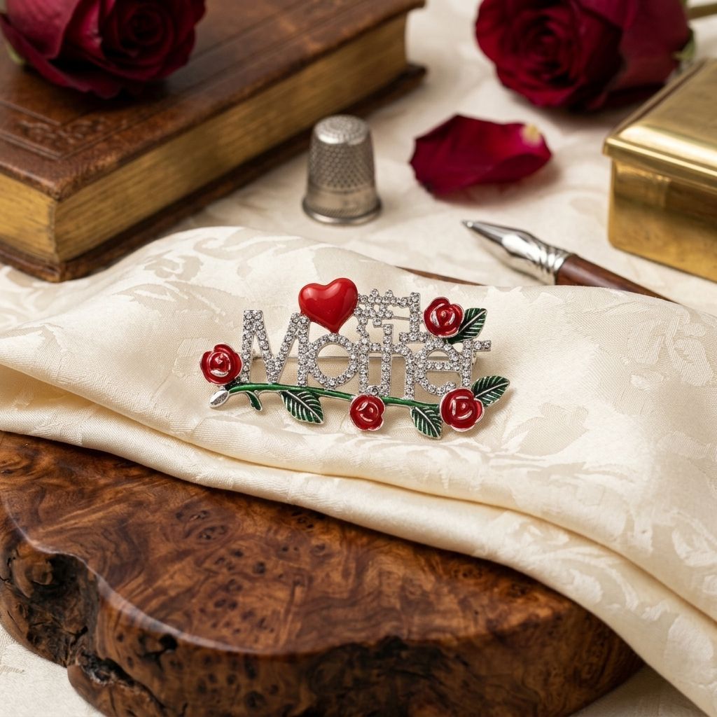 Brooch Silver #1 Mother Rhinestone Red Rose Pin