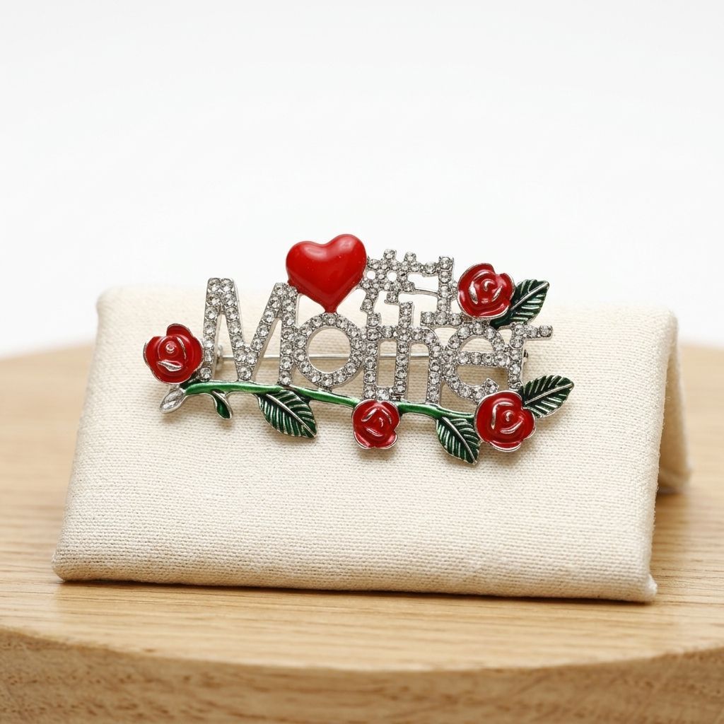 Brooch Silver #1 Mother Rhinestone Red Rose Pin