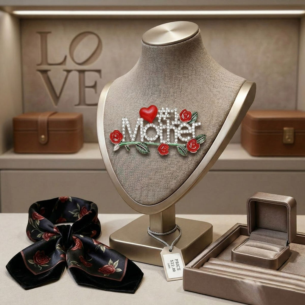 Brooch Silver #1 Mother Rhinestone Red Rose Pin