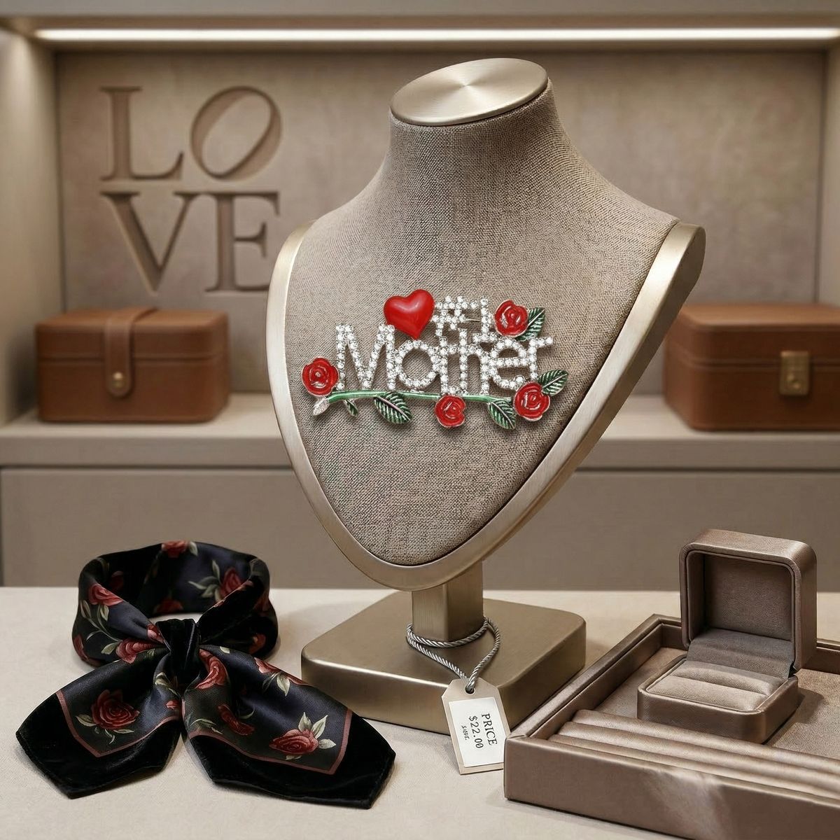 Brooch Silver #1 Mother Rhinestone Red Rose Pin