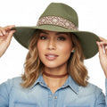 Olive straw Panama fedora hat women tribal woven detail summer hat