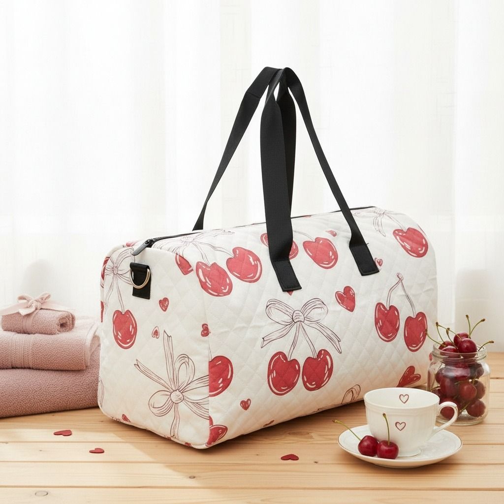 Travel Bag Cream Quilted Red Cherry Duffel