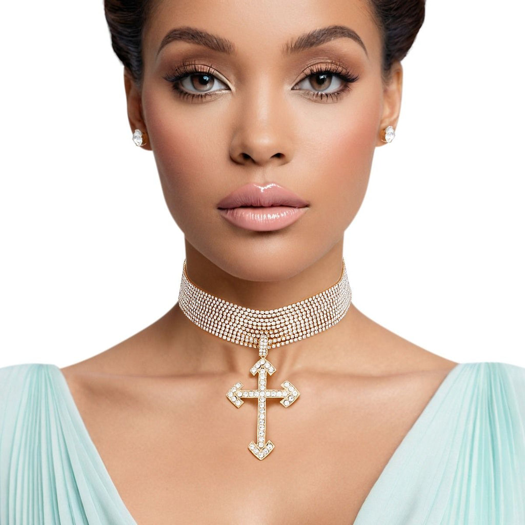 Gold rhinestone layered cross choker necklace 10-layer iced statement jewelry women