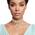 Gold rhinestone layered cross choker necklace 10-layer iced statement jewelry women
