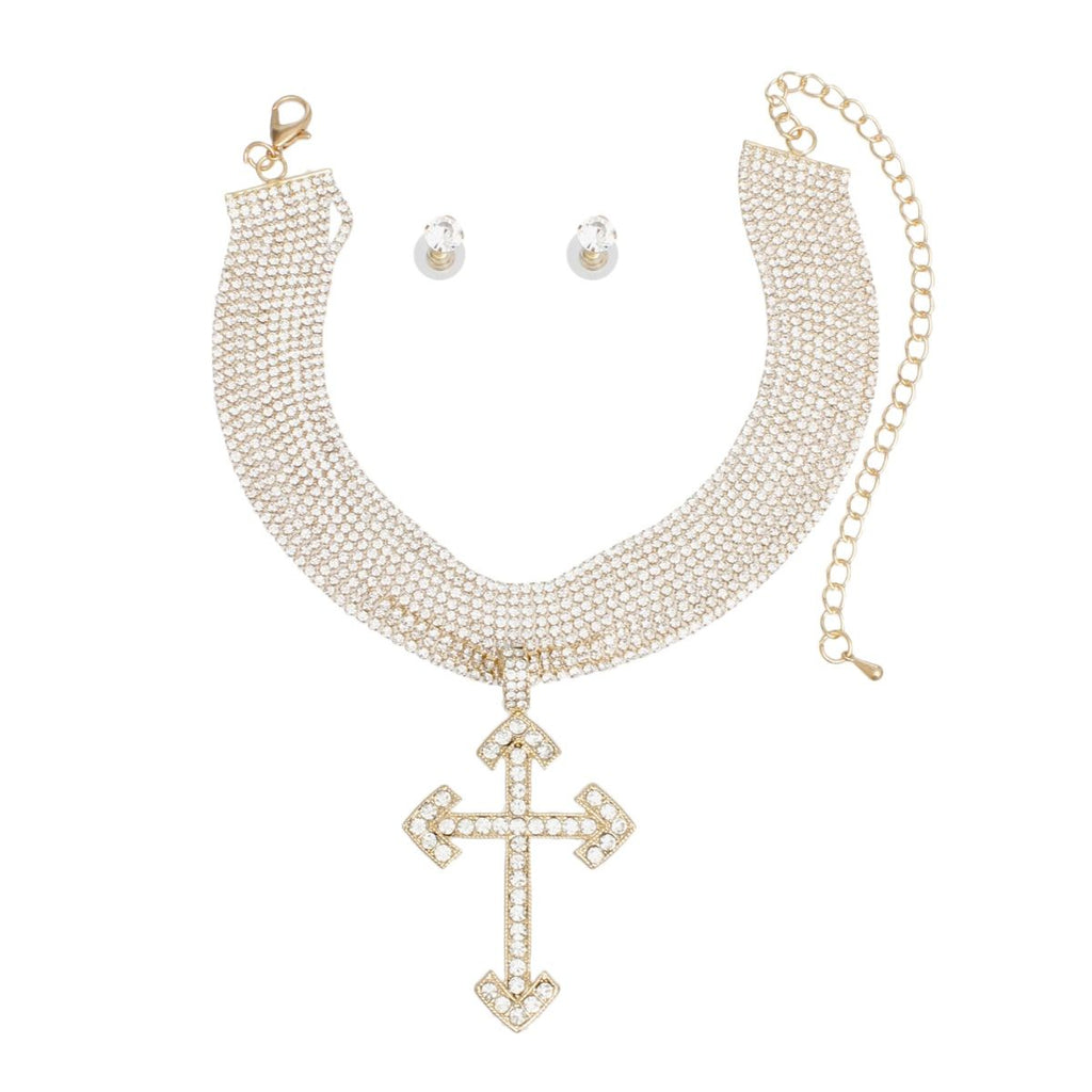 Gold rhinestone layered cross choker necklace rhinestone cross pendant detail close up