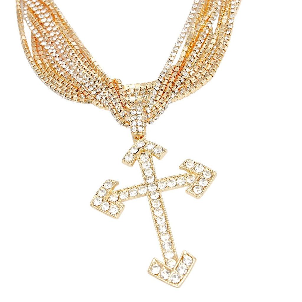 Gold iced cross choker necklace 10 layer front view bold worn on neck