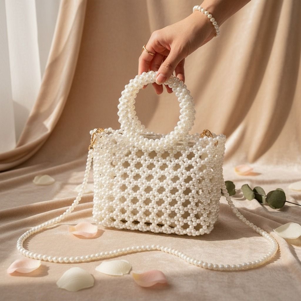 Top Handle Square Cream Pearl Woven Handbag