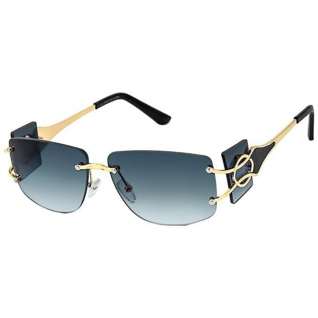 Black rimless temple sunglasses women minimalist shield UV protection