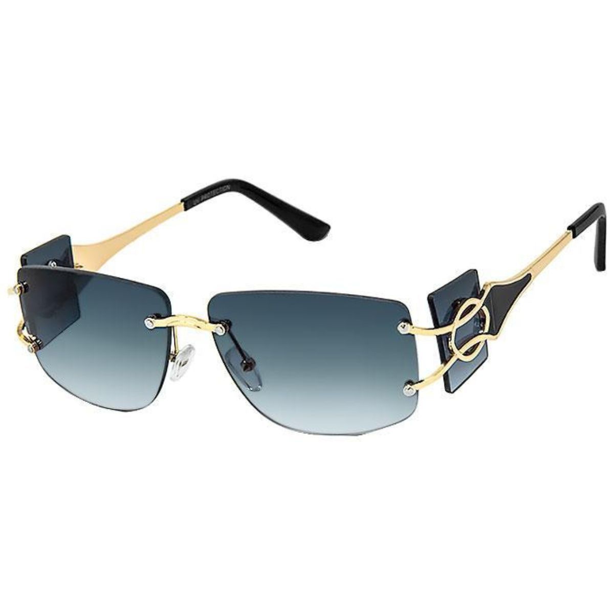 Black rimless temple sunglasses women minimalist shield UV protection