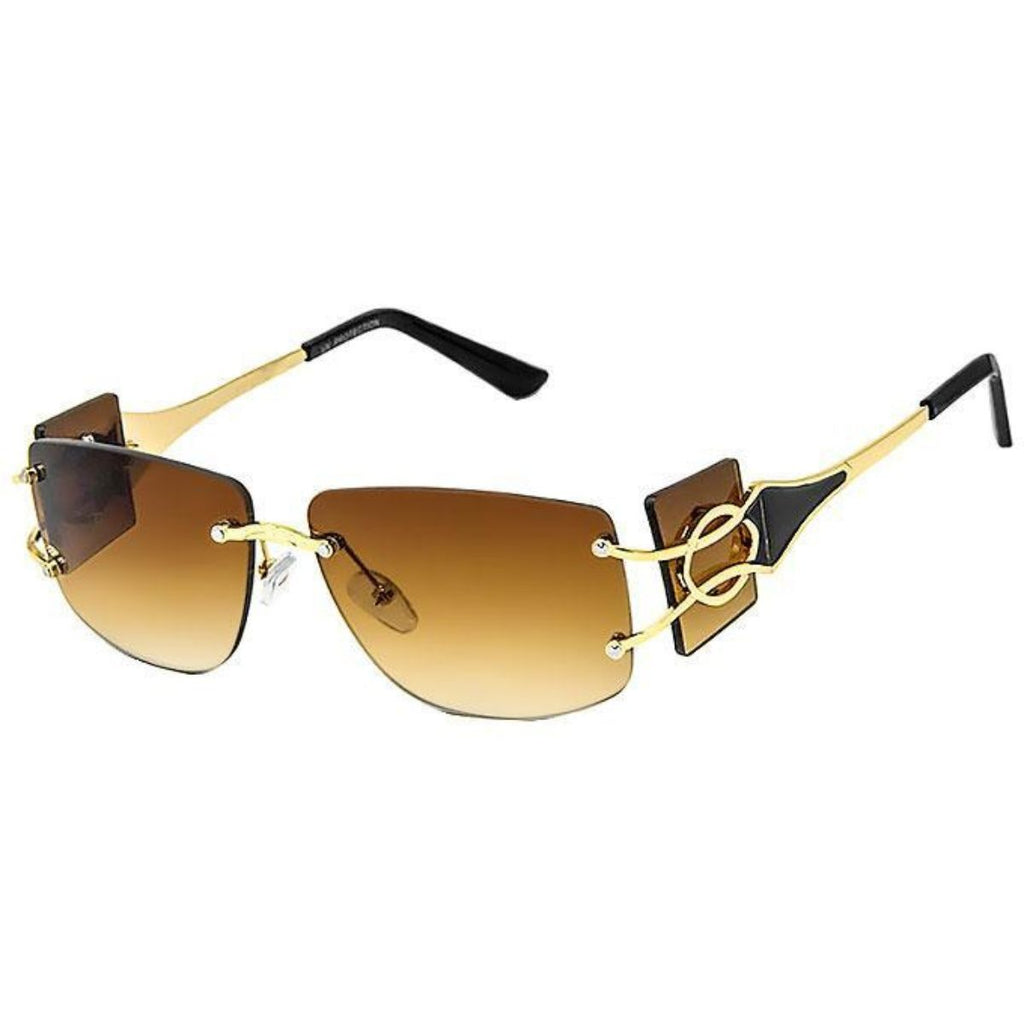Brown rimless temple sunglasses women minimalist shield UV protection warm