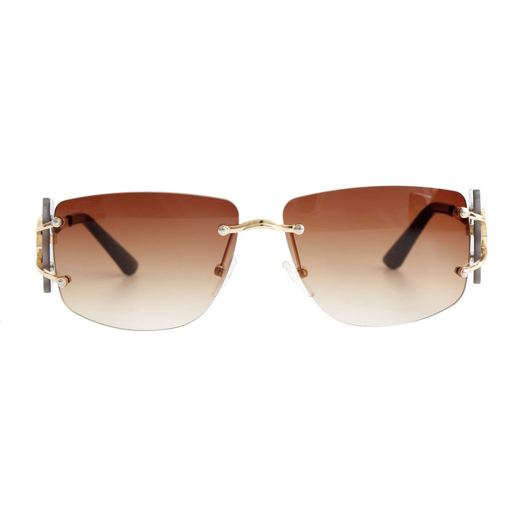 Brown rimless lens sunglasses gold temple arm side view detail