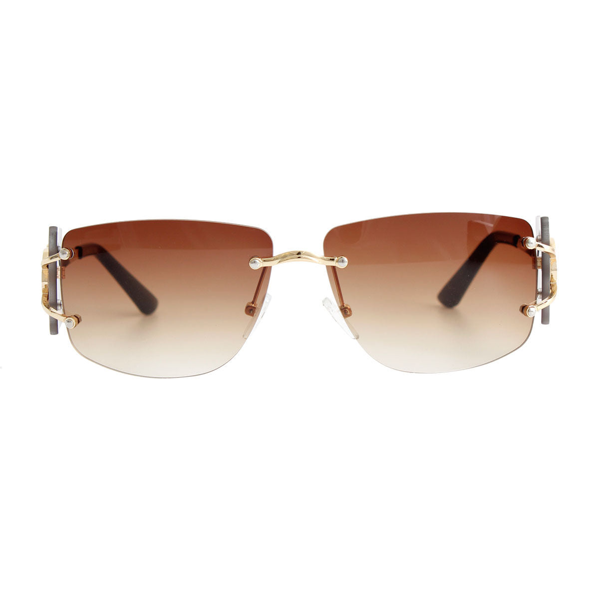 Brown rimless lens sunglasses gold temple arm side view detail