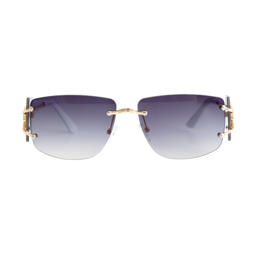 White rimless lens sunglasses gold temple arm side detail view