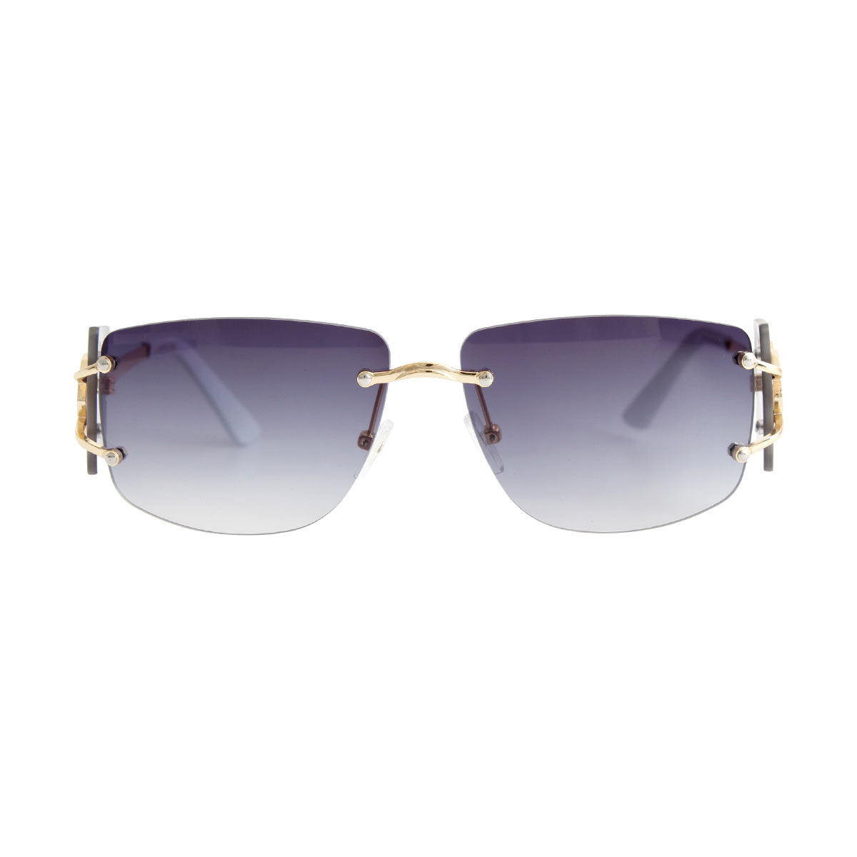 White rimless lens sunglasses gold temple arm side detail view