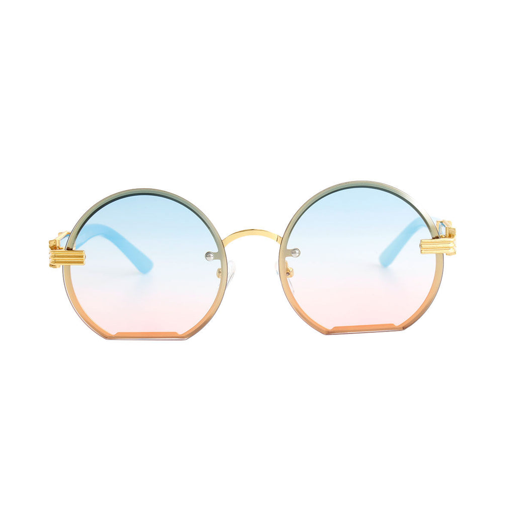 Blue flat round sunglasses side profile circle frame detail