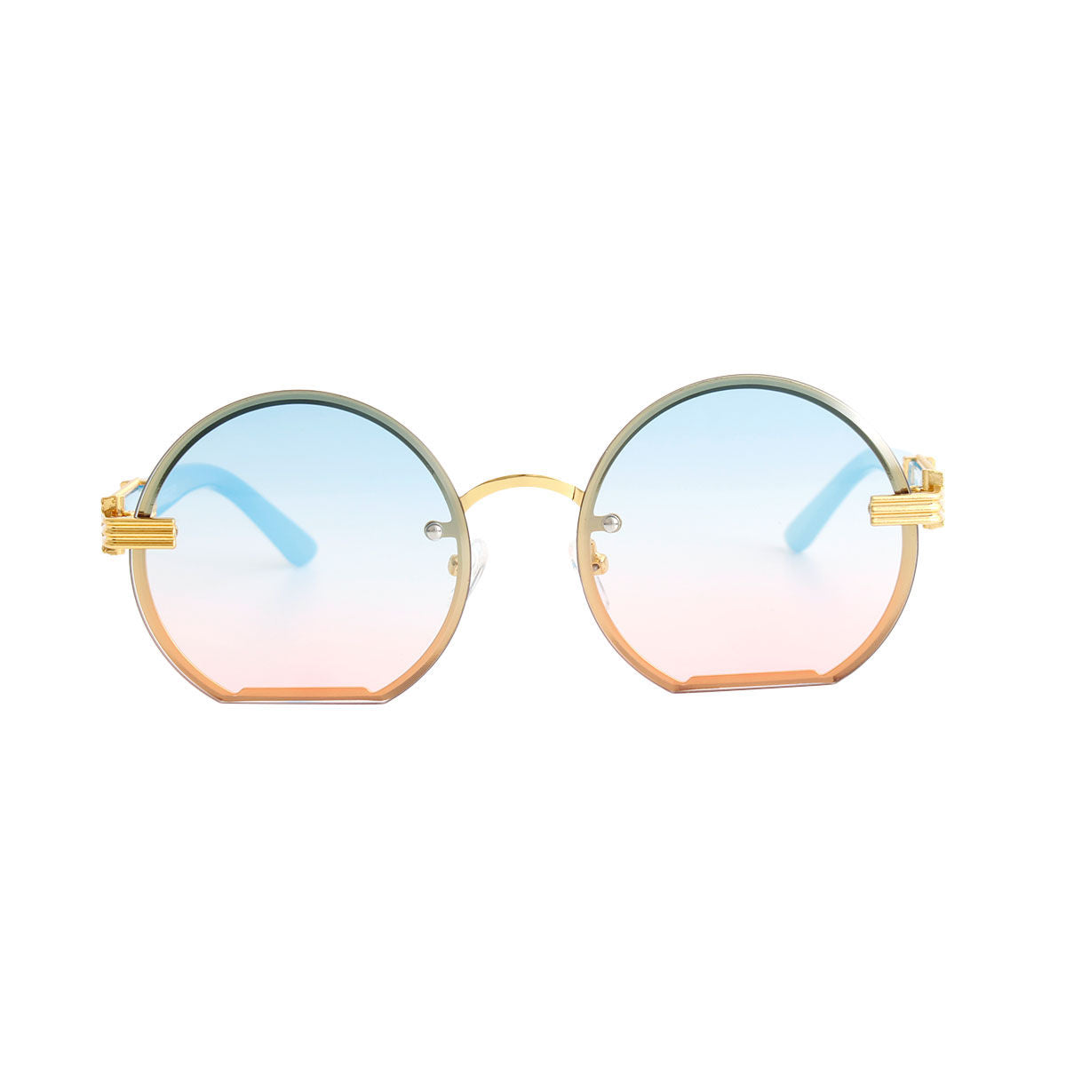 Blue flat round sunglasses side profile circle frame detail