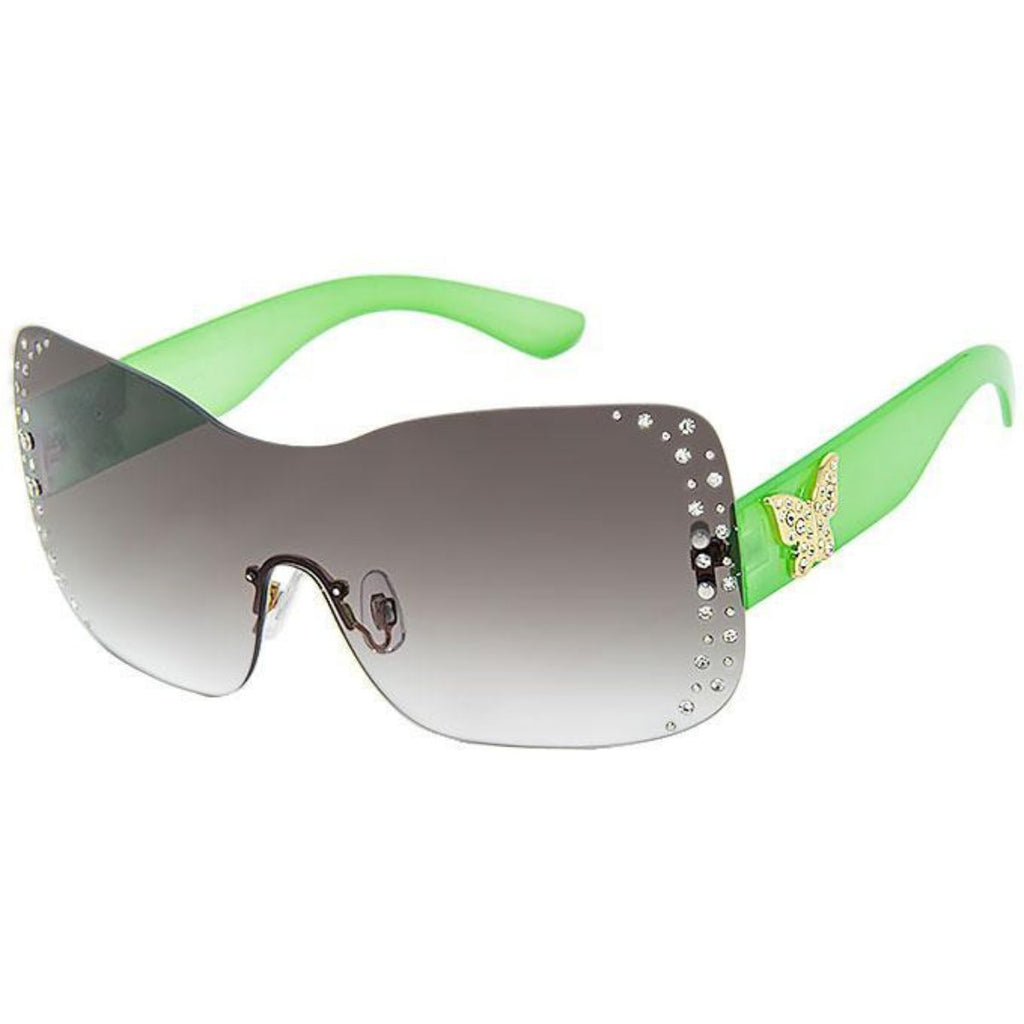 Green rimless butterfly sunglasses women shield lens UV protection bold