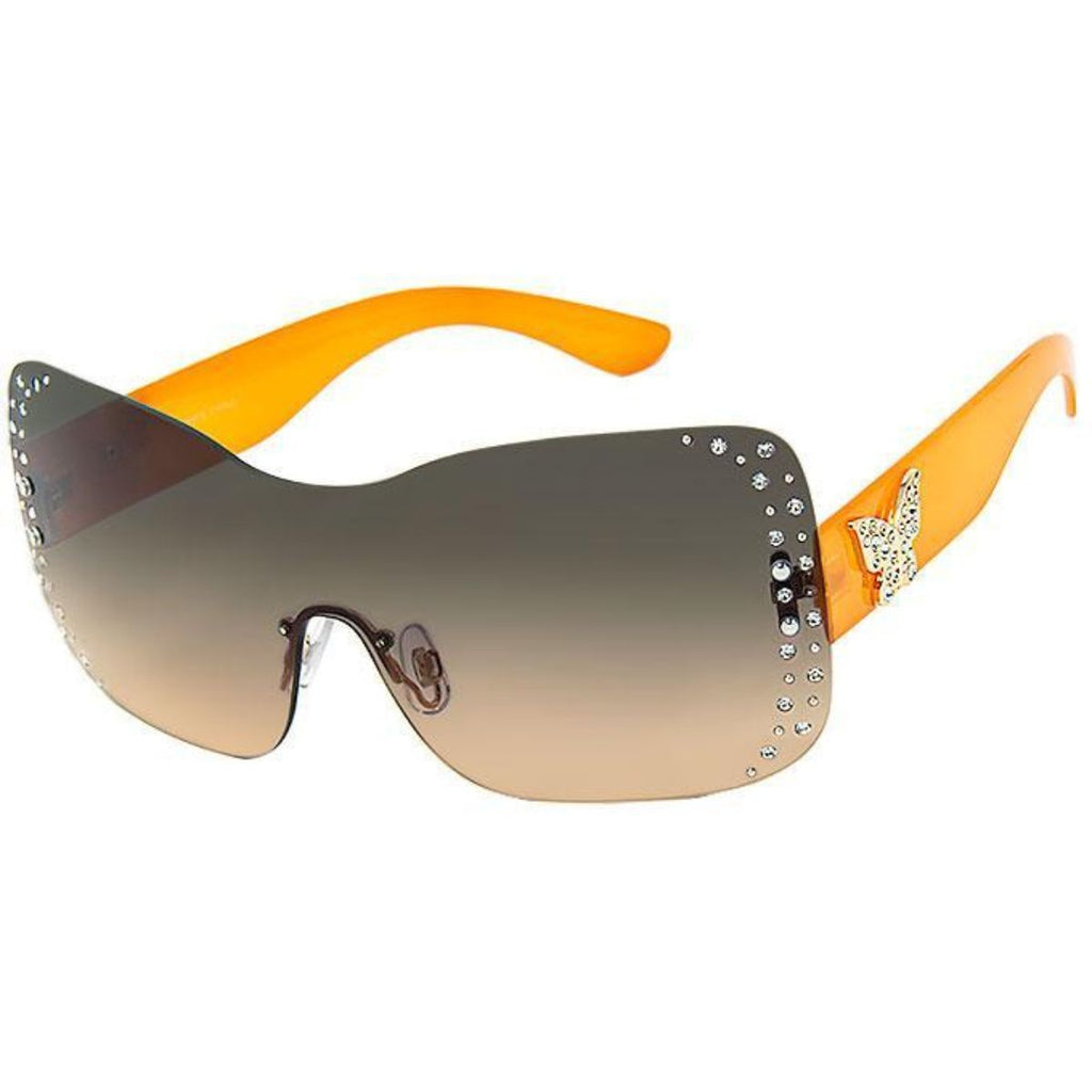 Women's orange rimless butterfly sunglasses Y2K shield rhinestone detail UV400