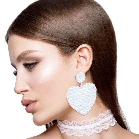 White Seed Bead Heart Earrings - Valentines Earrings