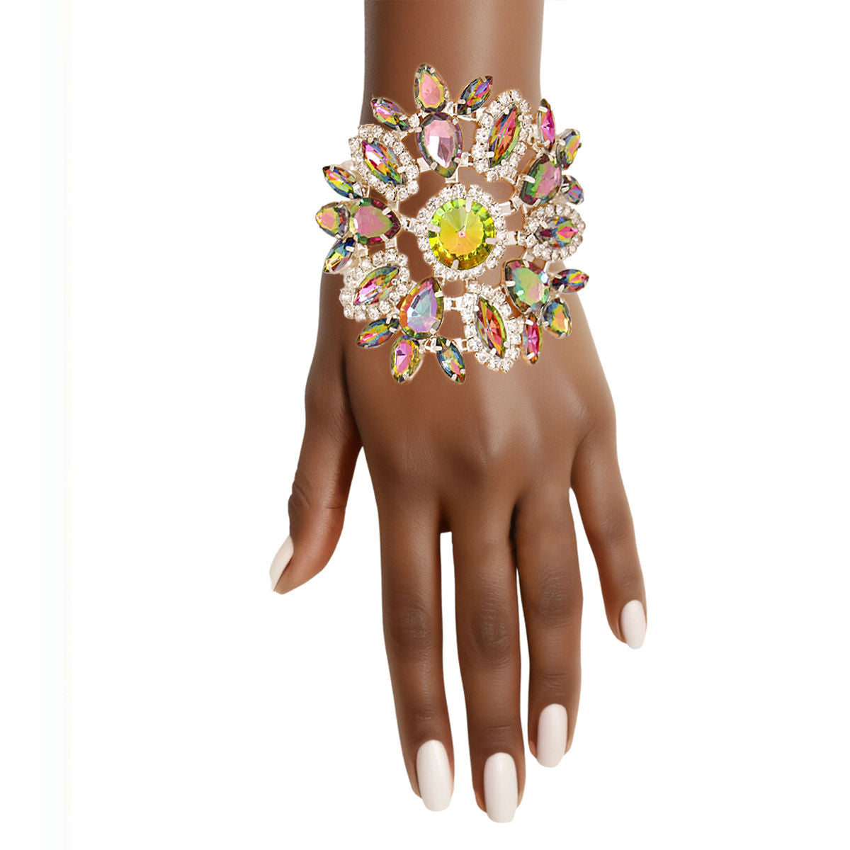 Pink green pearl statement bracelet side view elegant formal