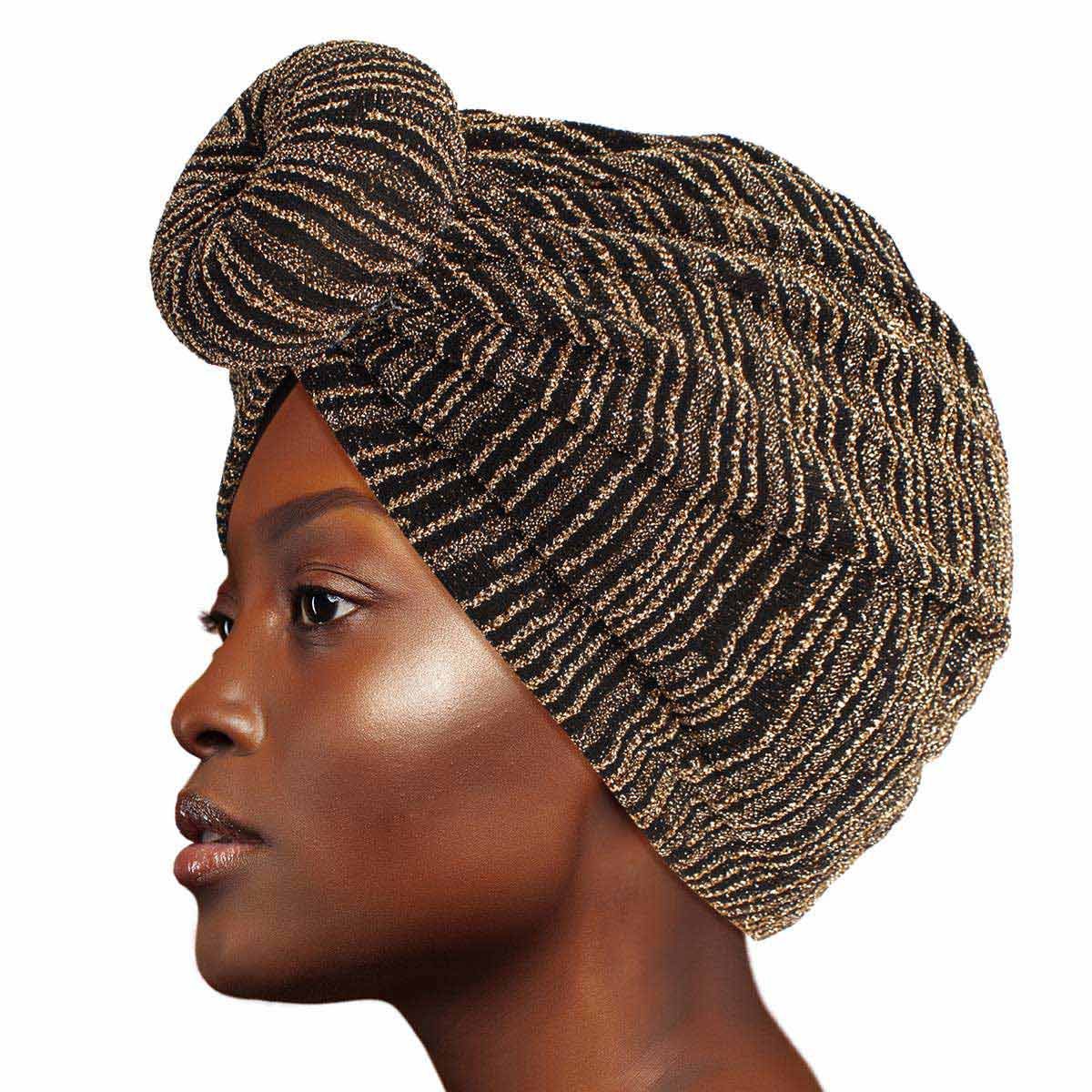 Gold stripe donut knot turban women stretch head wrap hair accessory