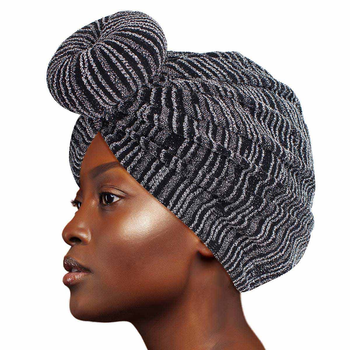 Silver stripe donut knot turban women stretch head wrap hair accessory elegant
