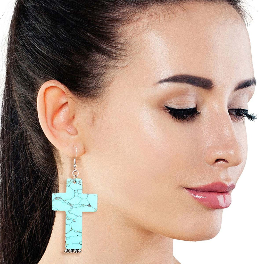 Marbled turquoise cross stud earrings boho faith statement jewelry women