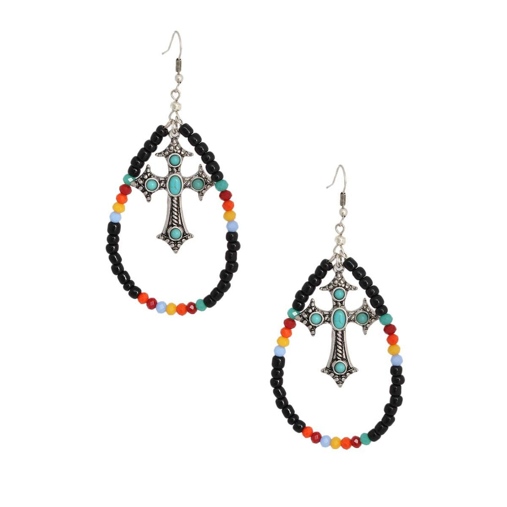 Black bead teardrop cross earrings bead teardrop cross detail close up
