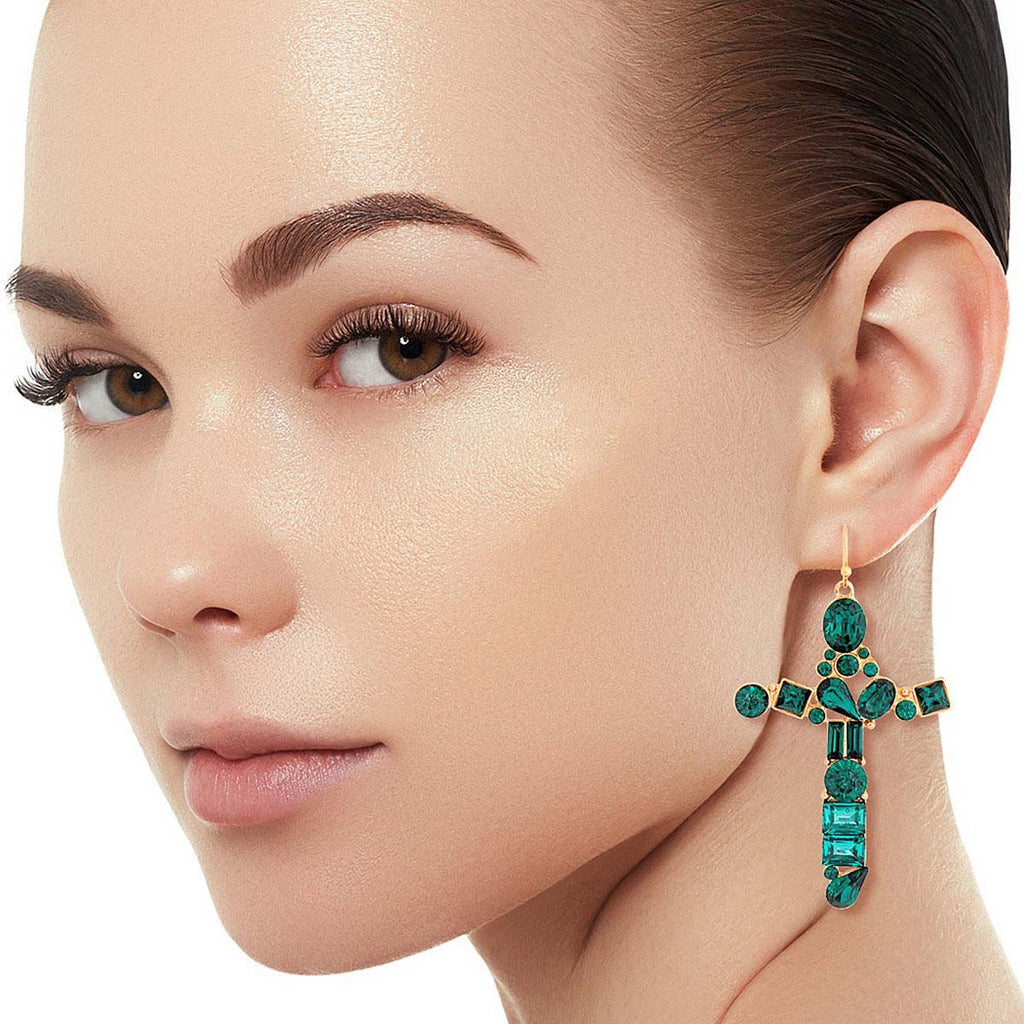 Green celeb cross earrings gemstone faith statement jewelry women