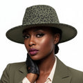 Olive green leopard print felt fedora hat women wide brim animal print hat