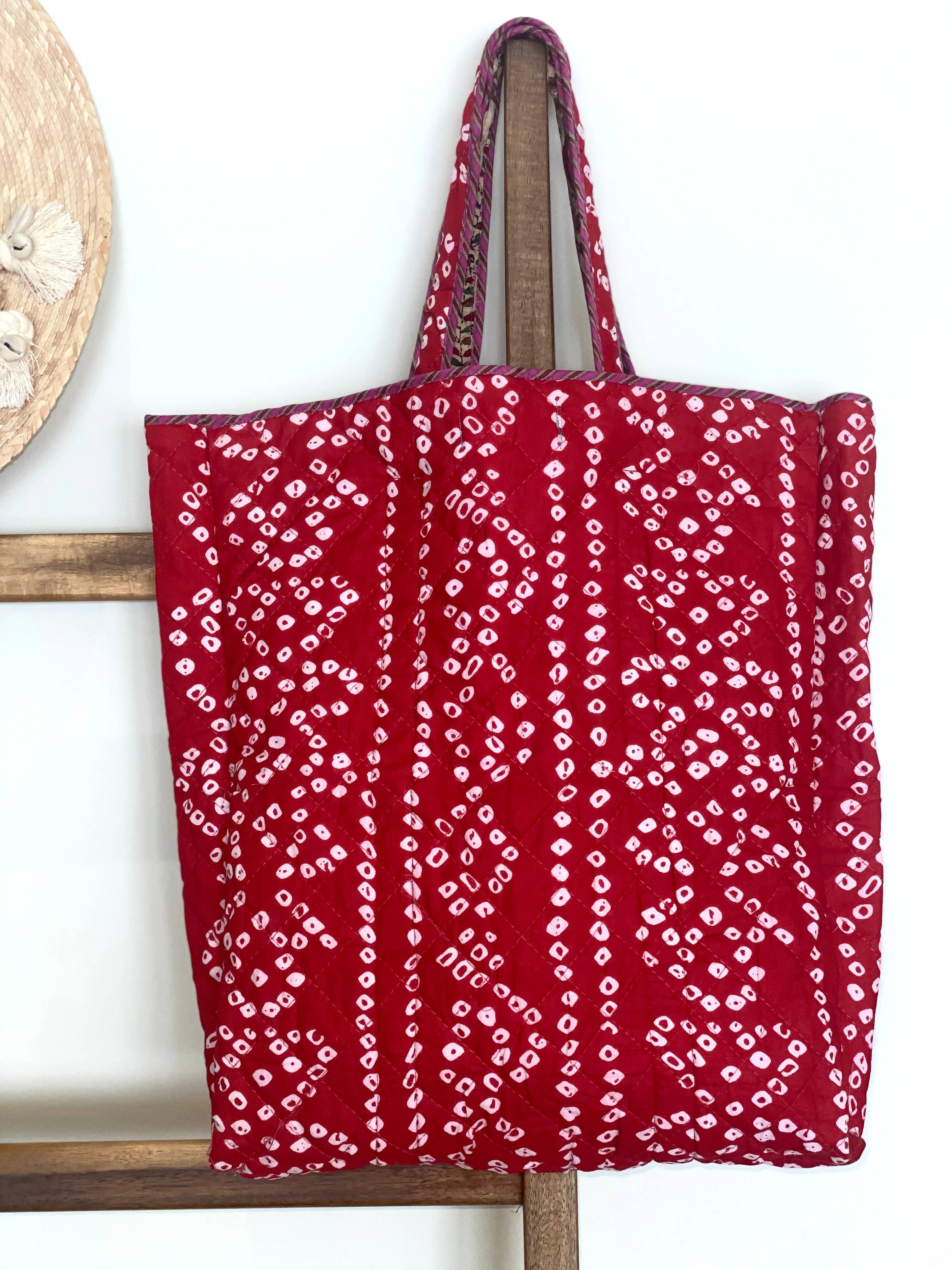 Reversible Quilted Block Printed Bohemian Market Bag Red, Pink & Tan